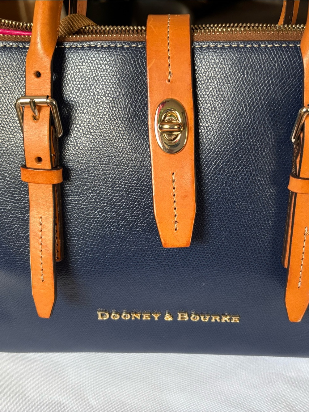 Dooney & Bourke Navy Pebbled Leather Satchel with Tan Trim